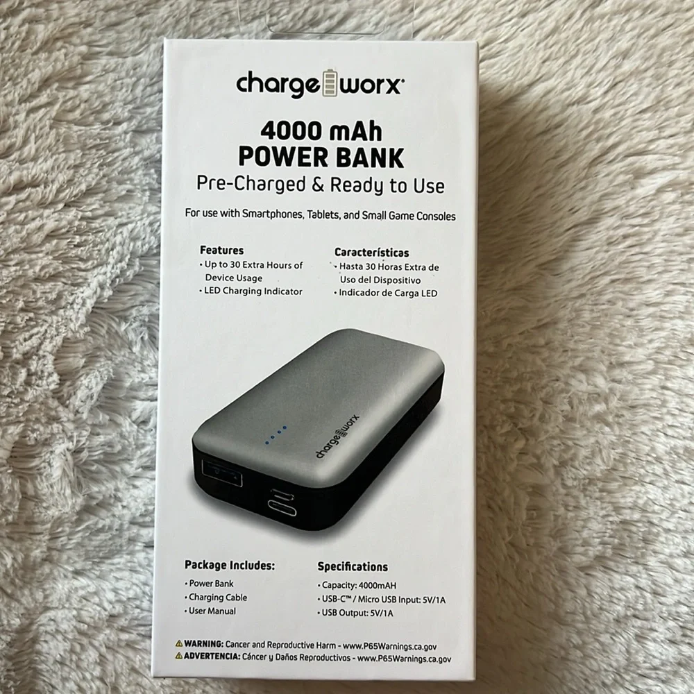 Charge Worx 4000 mAh Power Bank For Smartphones, tablets, & small game consoles
